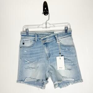 Kancan High Rise Criss Cross Distressed Stretch Shorts Women’s Size 7/27 NWT